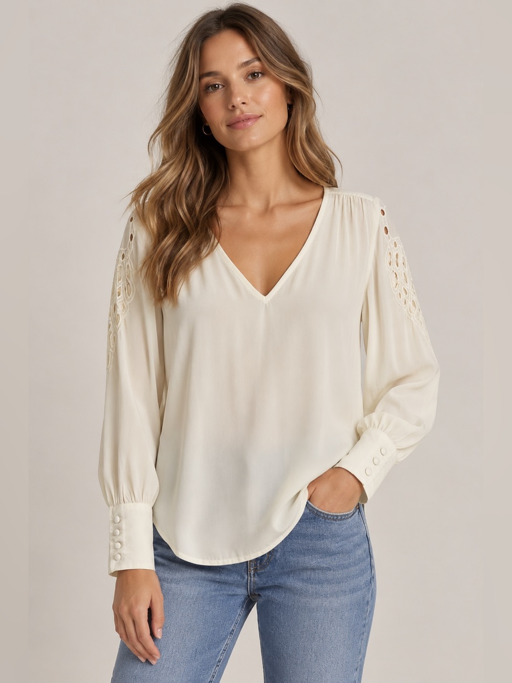 Leith Cream V-Neck Lace-Detail Long Sleeve Blouse